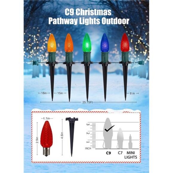 Christmas Pathway Lights Outdoor, 25.7 Feet 20 LED C9 Strawberry Walkway Lights - Picture 3 of 7